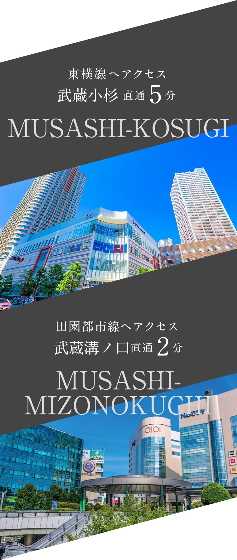 東横線へアクセス武蔵小杉直通5分 / 田園都市線へアクセス武蔵溝ノ口直通2分